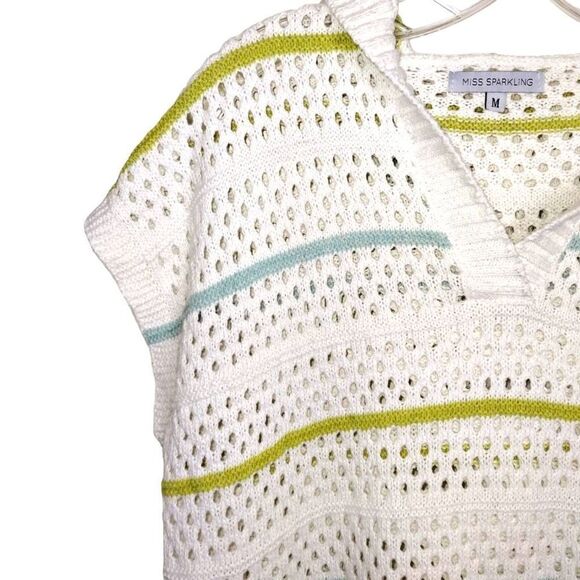 Miss Sparkling White Knit Coverup Blue Green Stripes Hoodie Sleeveless M - Picture 7 of 9